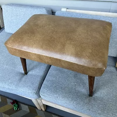 Mid Century Ottoman Footstool Vinyl Wood Legs Large Heavy Beige Gold Rectangle • $79.99