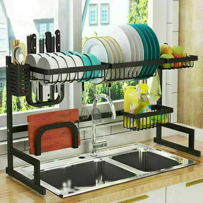 Over Sink Dish Drying Rack 2-Tier Stainless Steel Kitchen Shelf Cutlery Drainer • $55.90