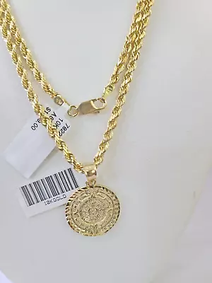 10k Gold Mayan Calendar Pendant Rope Chain 3mm 18'' Necklace Set Real Yellow • $384.77