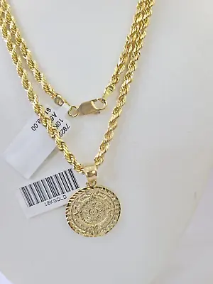 10k Gold Mayan Calendar Pendant Rope Chain 3mm 22'' Necklace Set Real Yellow • $496.13
