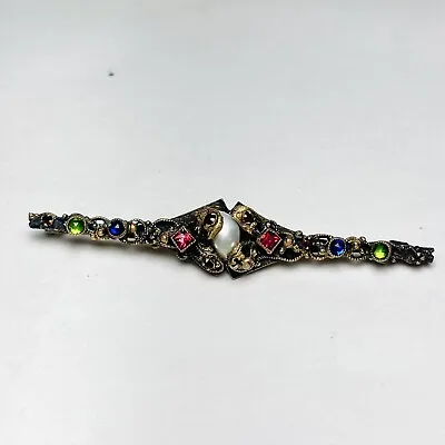 Vintage Victorian C Clasp Pearl Glass Rhinestone Bar Pin Brooch Gold Brass • $19.73