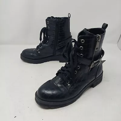 Mia Marcell Black Faux Croc Embossed Leather Combat Ankle Boots Grunge Size 8 • $40