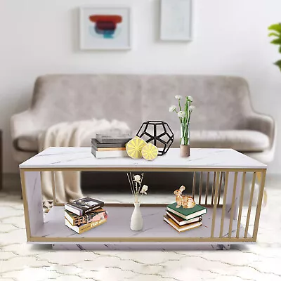 Modern White GOLD Coffee Table High Gloss Marble Veneer Rectangle Living Room • $109.24