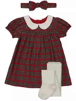 RED CHECKED DRESS WITH HEADBAND & TIGHTS 0-3MTHS - New • £16.99