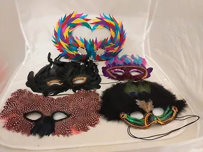 Lot Of 5 Mardi Gras Masquerade Eye Masks Halloween Costume Multi Color Feathers • $29.99