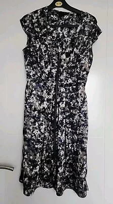 H&m Black Blue Grey Floral Satin Zip Front Skater Dress Cap Sleeve Uk 12 Eu 40 • £4