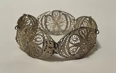 Vintage Mexico Sterling Silver Filigree Spun Silver Daisy Panel Bracelet • $39.99