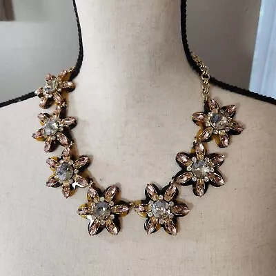 J Crew Tortoise Shell Flower Rhinestone Goldtone 3d Fashion Statement Necklace • $75