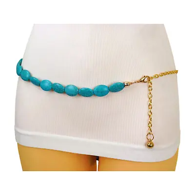 Women Turquoise Blue Beads Waistband Western Style Belt Gold Metal Chain S M L • $15.99