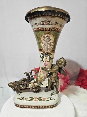 $499.99 • Buy Vtg Marked Wong Lee Green Cornucopia Vase Brass Cherub Ram Ormolu -Heavy 96oz