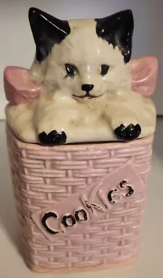 McCoy  Cookie Jar Black & White Kitty Cat In A Pink Basket 1950s Vintage • $59.99