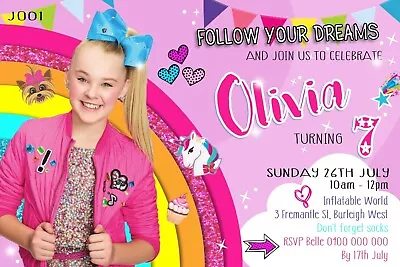 JoJo Siwa Personalised Invitations Invite Birthday Party Supplies Bow Rainbow • $1