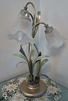 £64.99 • Buy Art Nouveau Lily Table Lamp Hand Painted Wrought Iron 3 Frosted Glass Shades