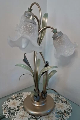 £64.99 • Buy Art Nouveau Lily Table Lamp Hand Painted Wrought Iron 3 Frosted Glass Shades