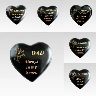 Black & Gold Love Heart Memorial Stone / Pebbles Grave Marker Lily Pic Ornament • £7.79