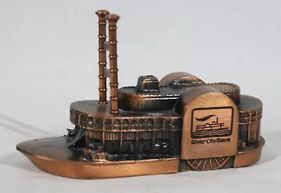 RARE! VINTAGE 1960s COPPER CLAD RIVER CITY BANK STEAMBOAT COIN BANK 4  TALL • $39.99