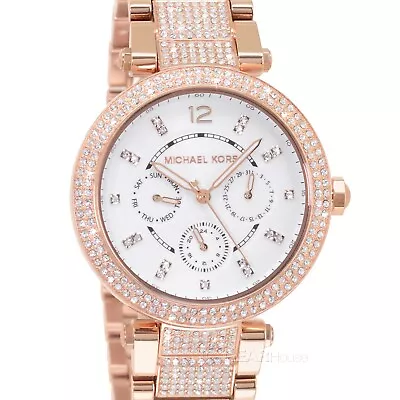 $136.69 • Buy Michael Kors Parker Womens Pave Glitz Watch White Dial Rose Gold Stainless Steel