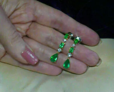 4.00Ct Pear Cut Emerald & Diamond Drop Dangle Earrings 14K Yellow Gold Finish • $125.99