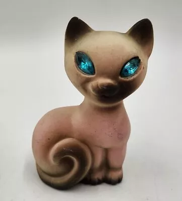 Vintage Roselane Pottery MCM Siamese Sitting Cat Figurine W/Blue Jewel Eyes • $14.99