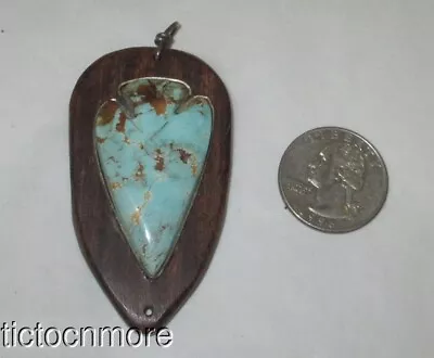 Vintage Signed Hr Navajo Indian Dry Creek Turquoise Stone Arrowhead Wood Pendant • $24.99