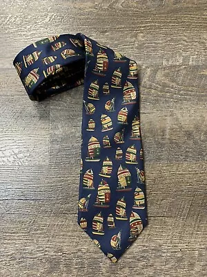 Brooks Brothers Makers Silk Navy Tie Sailboat Theme 100% Silk Made In USA • $9.99