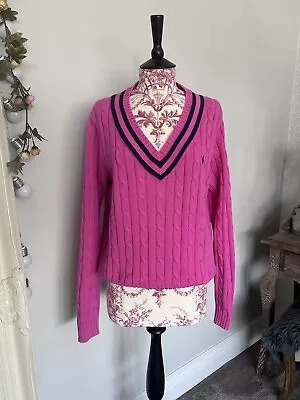 Ralph Lauren Sport Cable Knit V Neck Cricket Pink Navy Jumper Sweater Size XL • £69.99