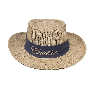 Vtg Cadillac Straw Panama Hat Coated Wicker Blue Gold Embroidered Golf Car Sales • $19.99