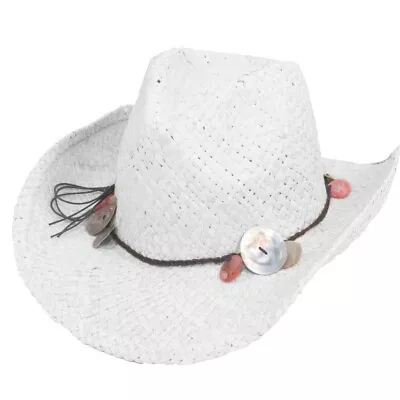 Ladies/Girls White Straw Cowboy Hat( ONE SIZE ) With Shell Band Free Fast Post • £12.65