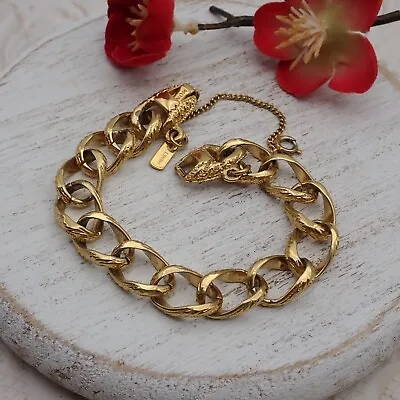 Vtg Monet Gold Tone Design Etch Link 7 1/2  Charm Bracelet With Safety Chain • $24.95