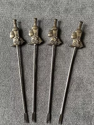 Vintage Silver Wine Bottle + Grapes Set Of 4 Olive/Cocktail Picks Bar Kitchen • £9.99