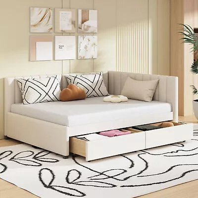 Full Size Linen Fabric Upholstered Daybed Sofa Bed Frame W/ 2 Drawers Beige • $432.99