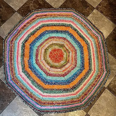 Vintage | Handmade Round Rag Rug Multicolor Boho Boucherouite Colorful Octagon • $39