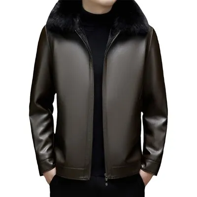 Men's Jackets Business Casual Large Fur Collar Leathe Velvet Coats Warm Overcoat • $86.33