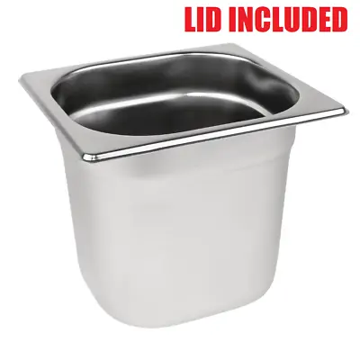 Gastronorm & Lid 1/6 Sixth Stainless Steel Bain Marie Food Container Pan 150mm • £8.99