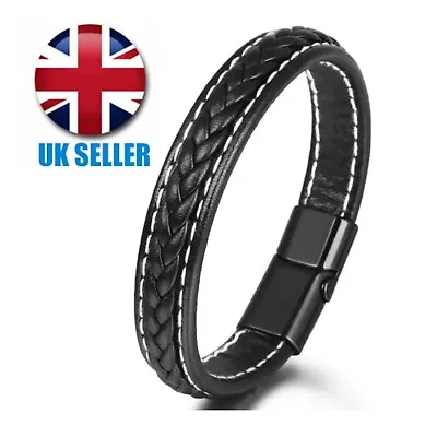 Unisex Retro Braided Leather Bracelet Stainless Steel Magnetic Clasp Gift UK • £5.99