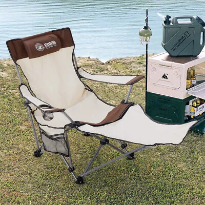 Reclining Camping Chairs Adjustable Folding Recliner Chair With Footrest &Pocket • £25.95