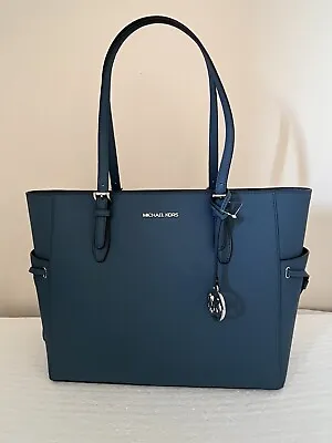 Michael Kors Gilly Large Drawstring Zip Tote Bag Laptop Teal Blue Leather Silver • $139.99