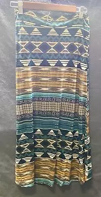 Tribal Blue And Brown Boho Graze Boho Mesh Print Flowy Stretch Midi Skirt Size M • $14.99