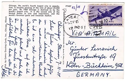 1954 Nov 8th. Picture Postcard. Chicago To Cologne Germany. • $8.50