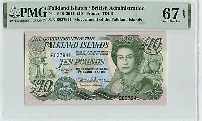 FALKLAND ISLANDS 10 Pounds 2011 P-18 PMG 67 EPQ Superb Gem UNC QEII Note • £53.21