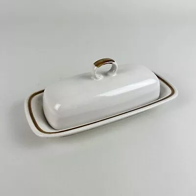 Vintage Genuine Stoneware Brown Rim Butter Dish & Cover Japan Neutral Speckled • $16.15