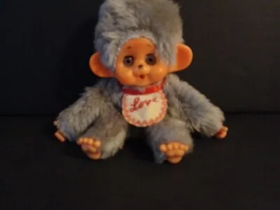 Monchhichi Monchichi Plush Doll Vintage Toy Love Bib Grey Gray Antique Big Eyes • $50.90