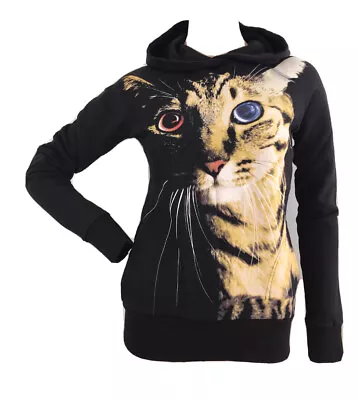 H&m Black 100% Cotton Cat Graphic Print Hoodie Jumper Uk 8 Eu 34 Us 4 S Bnwt • $33.56