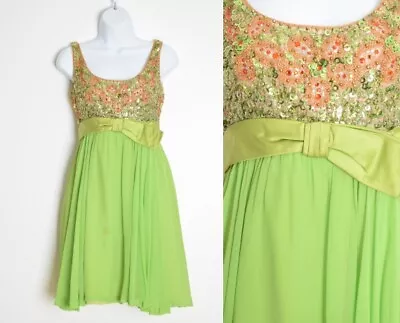 Vintage 60s Dress Lime Green Chiffon Beaded Mod Babydoll Party Cocktail Mini XS • $42