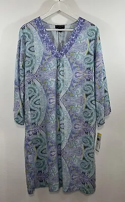 Miss Elaine NWT Relax Night Gown Blue Lilac Size Medium Pockets V Neck Pullover • $17.49