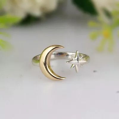 Star And Crescent Moon Adjustable Ring 925 Silver Women's Celestial Gift Jewelry • $19.99