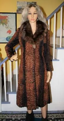Beautiful Vintage BROADTAIL LAMB Fur Coat With Real SABLE Fur Collar Brown PS • $269
