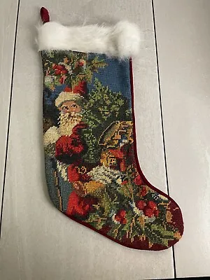 Vintage Handmade Needlepoint Christmas Stocking Santa Claus Teddy Bear St Nick • $22.50