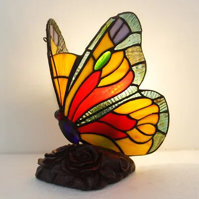 Small Table Lamp Tiffany Stained Glass Shade Butterfly Vintage Bedside Light • $57