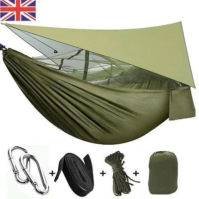 Double Person Camping Hammock With Mosquito Net+ Rain Cover Tent Tarp Waterproof • £23.89